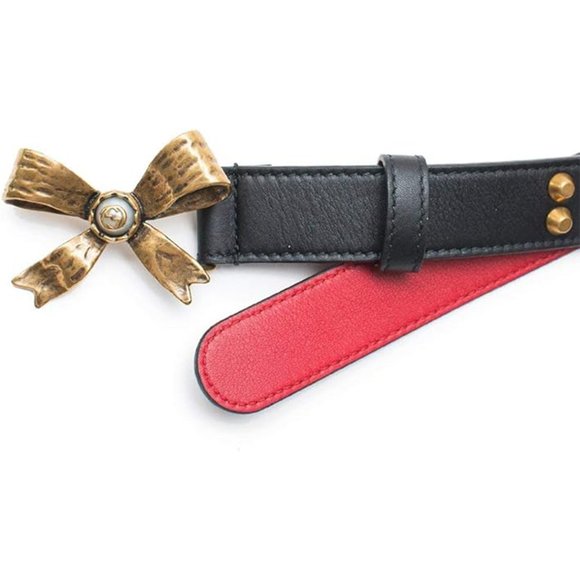 Gucci Studded Leather Belt Metal Bow Hibiscus Red Black Belt Moon Pearl NEW main image 8